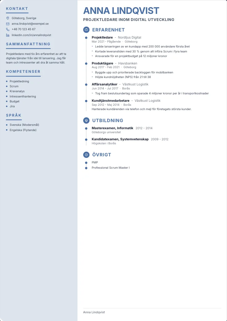 CV-mallen Modern, sidofält med foto